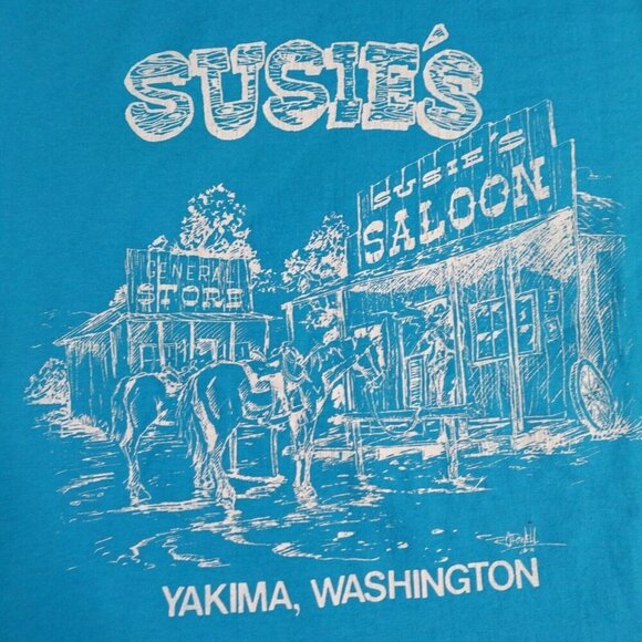 Vintage Susie Saloon Shirt Large Blue Okama Single Stitch - Picture 1 of 7